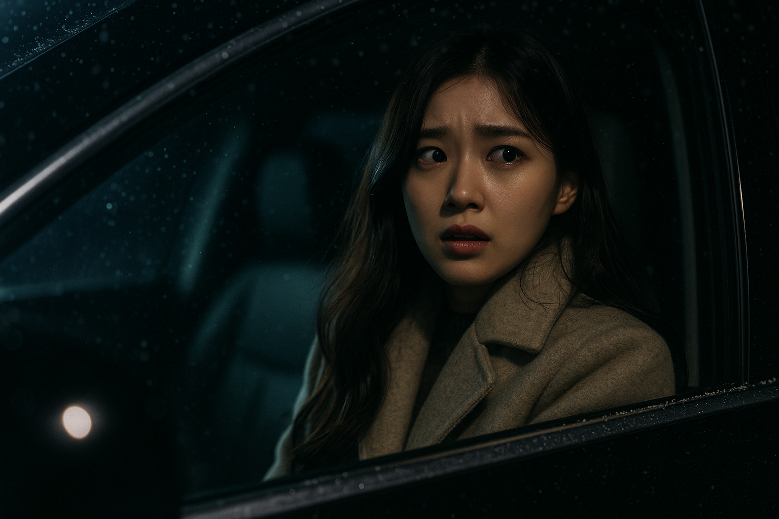 夜の車内で怯えた表情を浮かべる韓国人女性(助手席側の窓越しに外を見る)