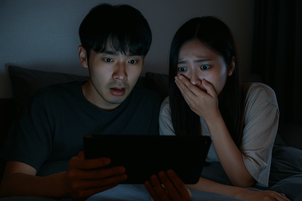 薄暗い部屋でタブレット越しにホラー映画を観て驚く若い日本人カップルの様子