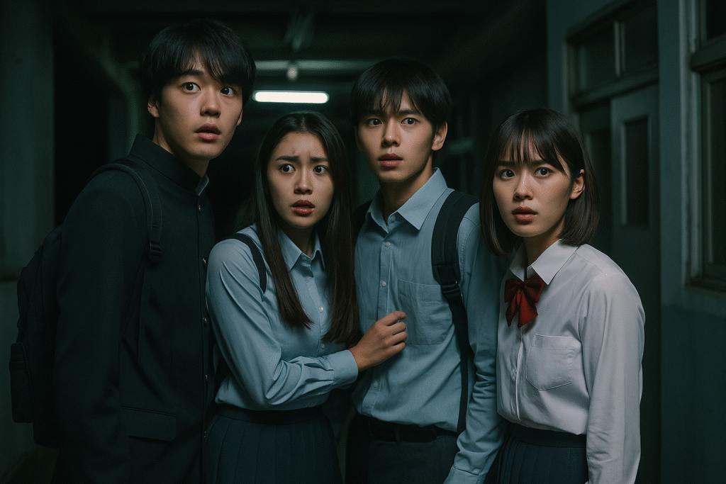 不気味な学校の廊下で不安そうに立ちすくむ日本人の学生たち(令和風の制服姿)