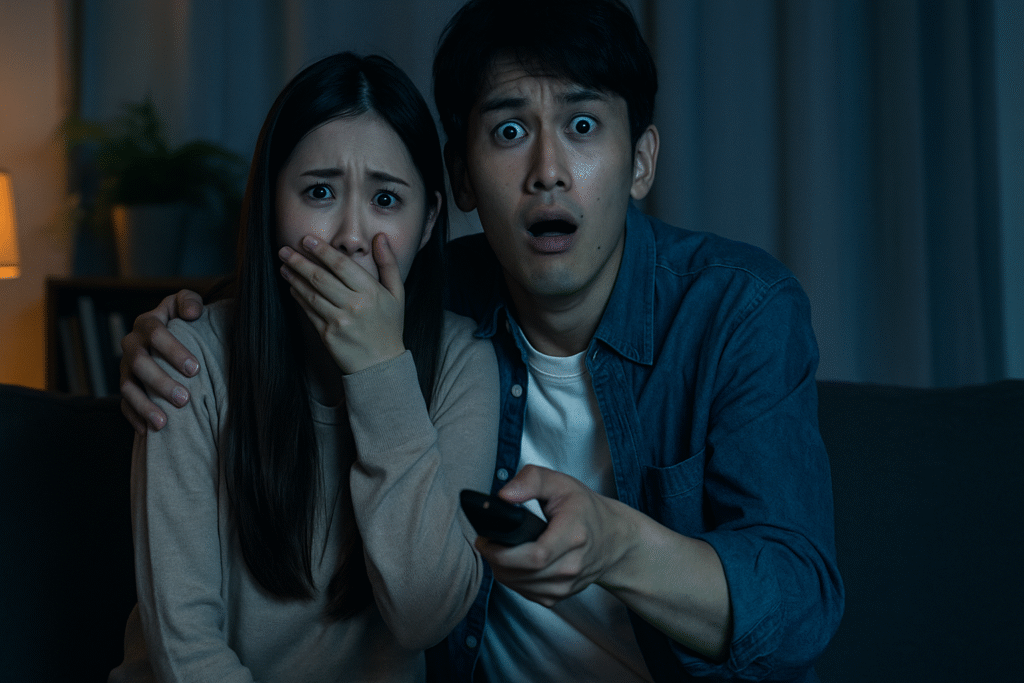 ホラー映画の怖いシーンに驚くカップル