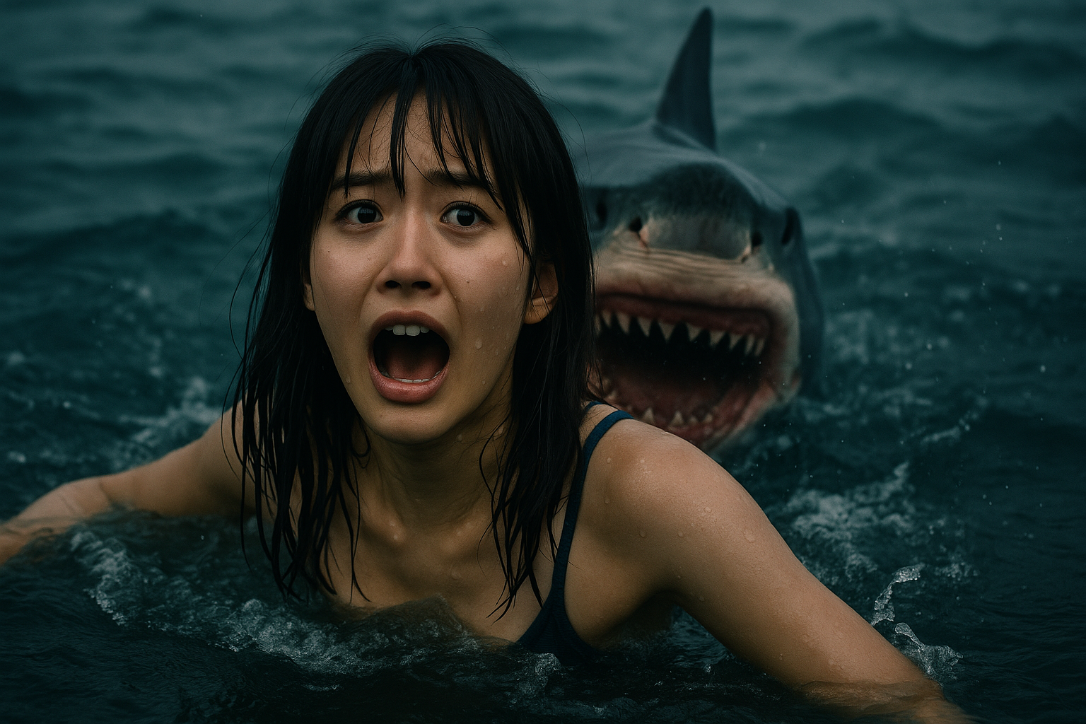 海で泳ぐ若い日本人女性がサメに襲われる瞬間を捉えたホラー映画風のイメージ