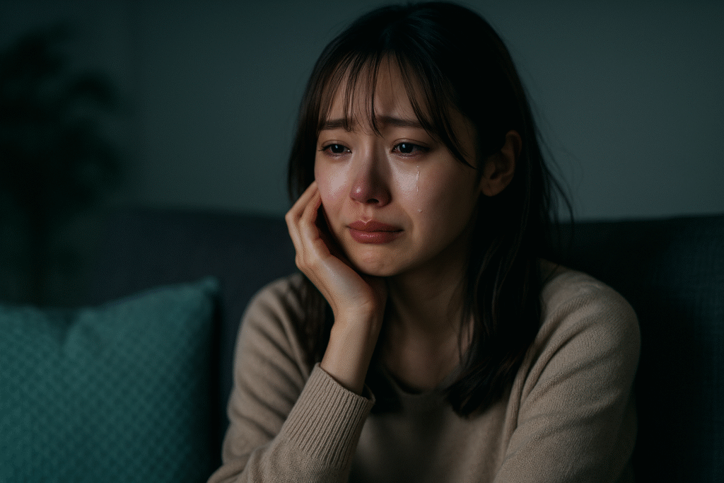 薄暗い部屋で映画を観ながら静かに涙を流す、シースルーバングの令和風日本人女性