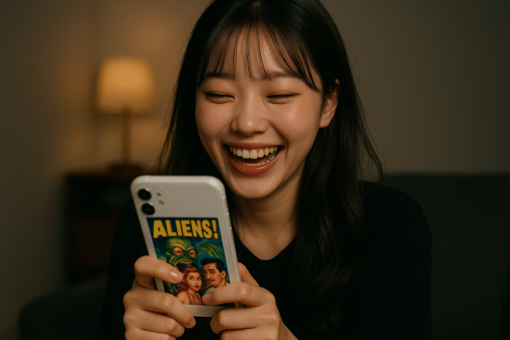 映画ポスターをスマホで見て笑っているシースルーバングの韓国風メイクの女の子