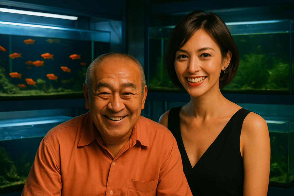 笑顔の年配男性と黒いドレスを着た若い女性が熱帯魚店で並んでいる様子