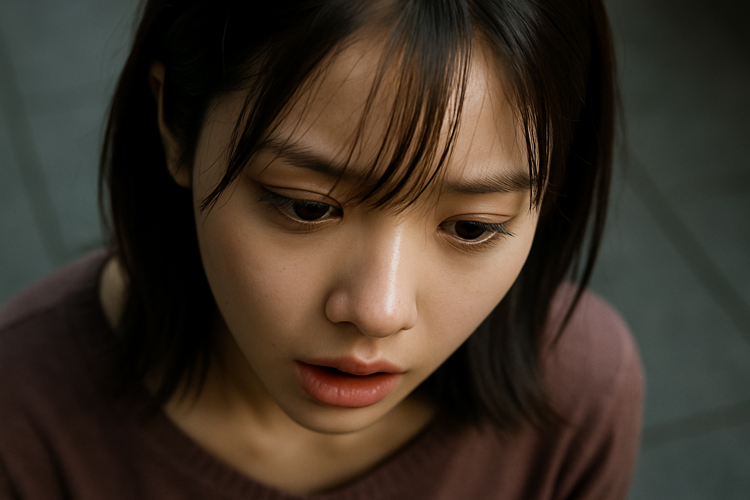 呆然とした表情で下を向く20歳の日本人女性の実写風クローズアップ写真