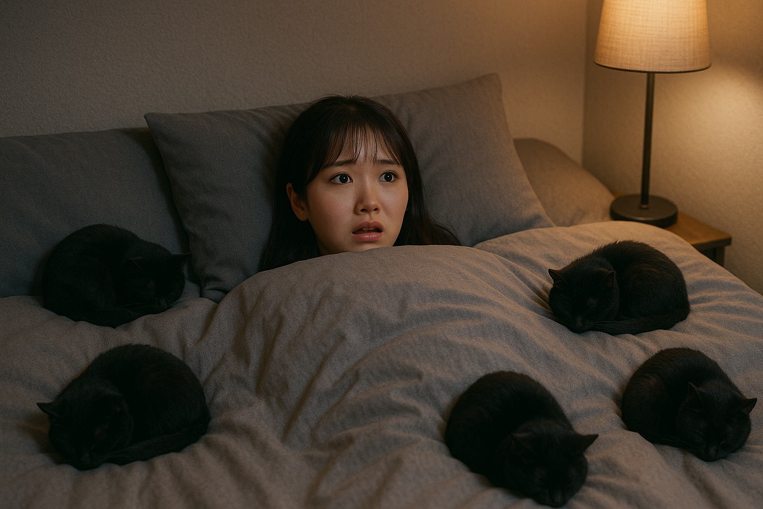 布団に入っておびえた表情を浮かべるシースルーバングのかわいい女の子と、掛け布団の上に丸まっている5匹の黒猫たち