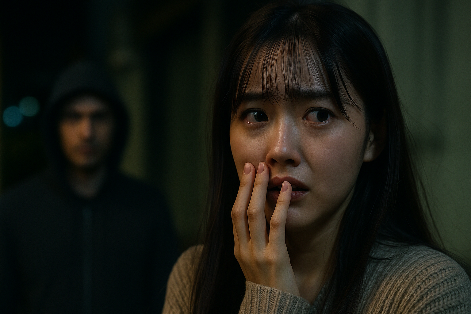 ストーカーに追われておびえるシースルーバングの日本人女性