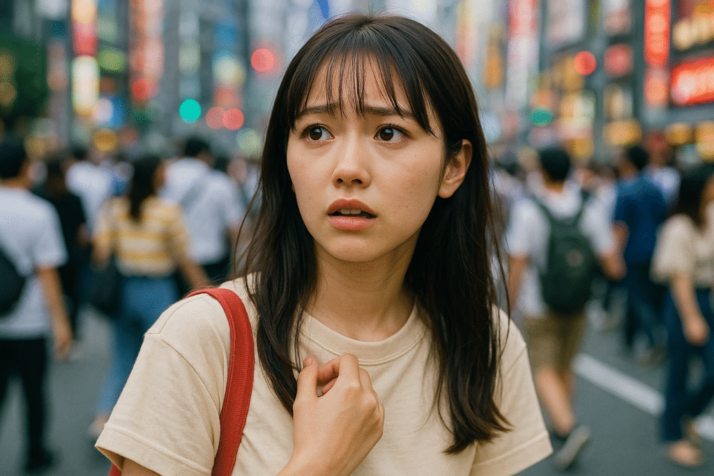巨大地震が発生し、不安そうに新宿の街に立つ夏服姿のかわいい19歳の日本人女性