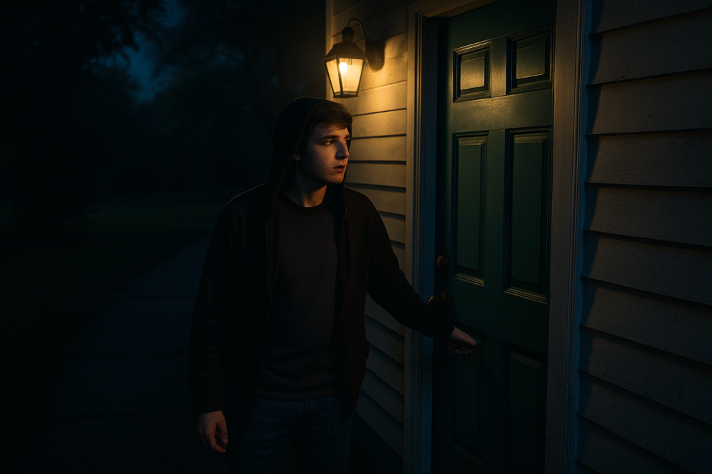 深夜に玄関のドアを開けて外に出ようとする若い男性