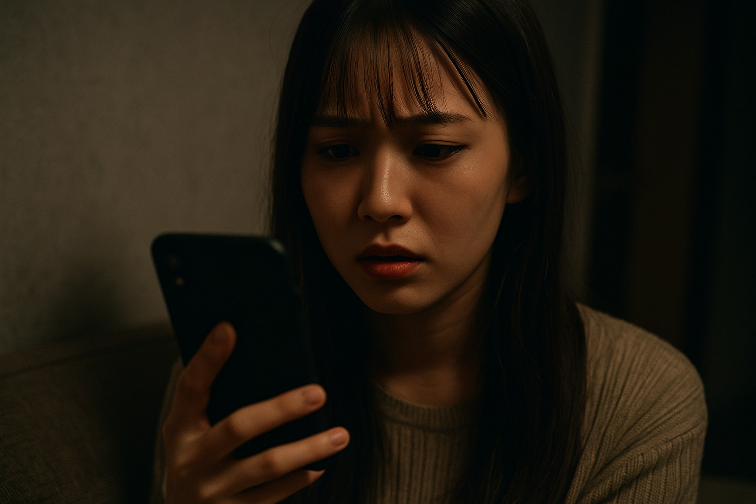 スマホを見つめて困惑するシースルーバングの若い日本人女性（圏外または電池切れ）