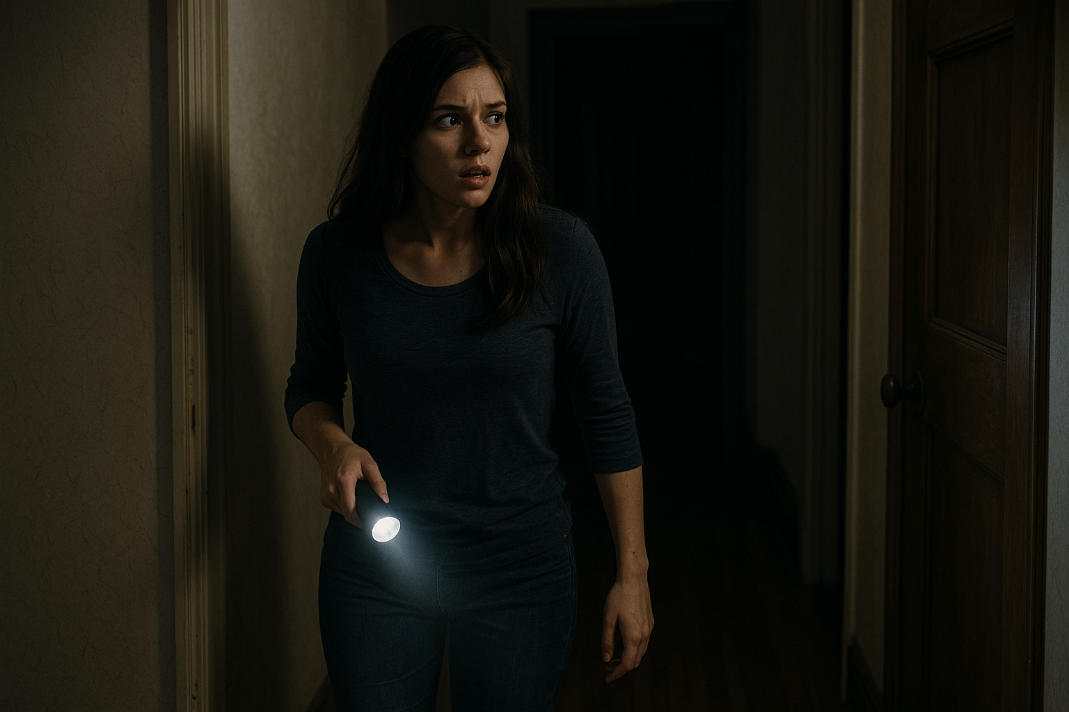 薄暗い廊下を一人で懐中電灯を持って探索する若い女性