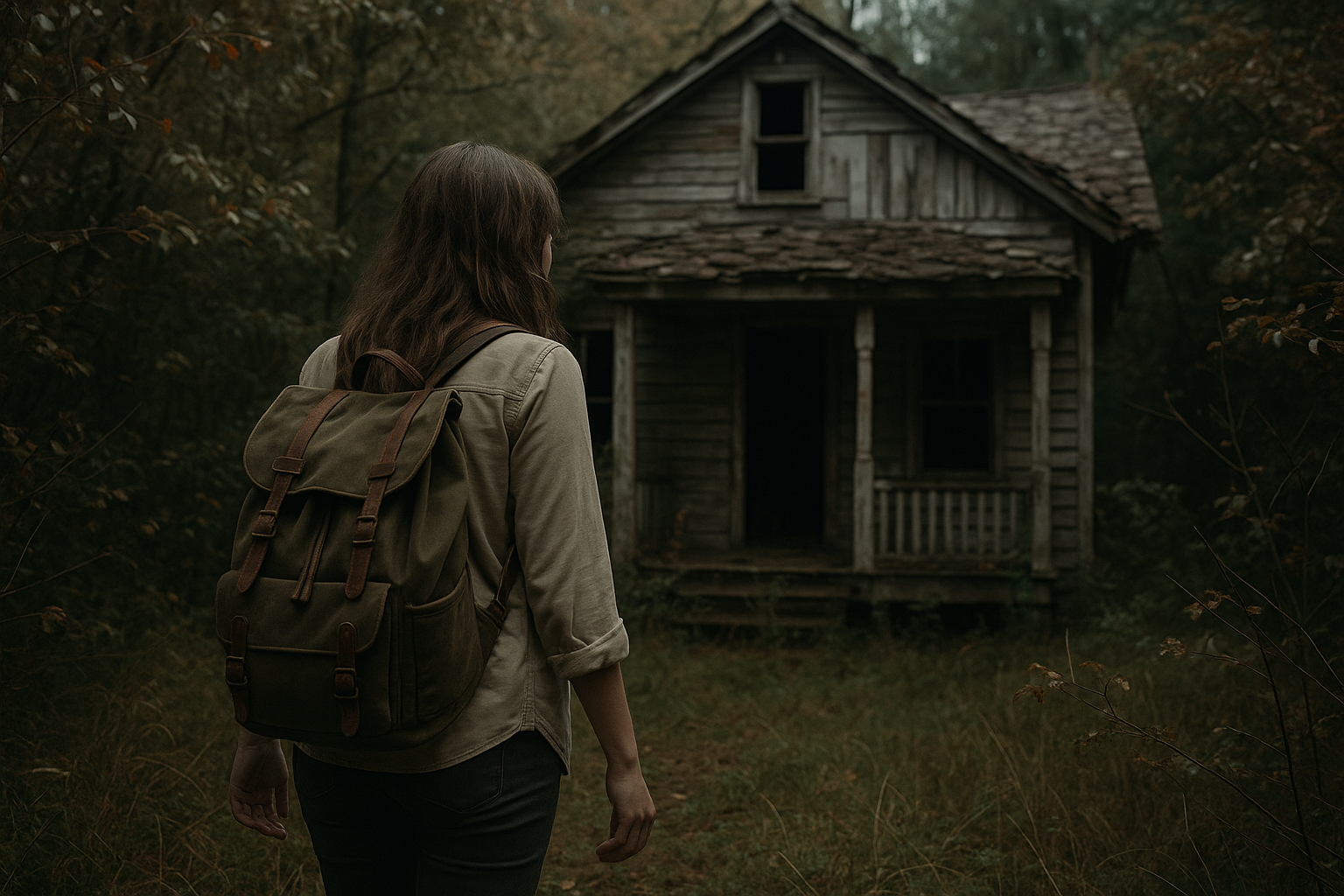 立ち入りを止められたにもかかわらず、森の中の廃屋に近づく若い女性