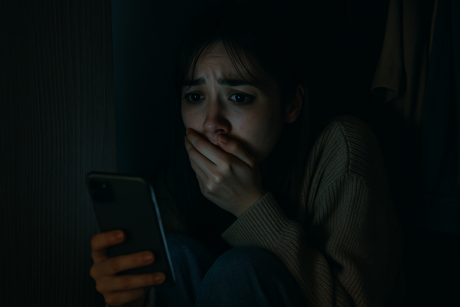 隠れている最中に背面のスマホから着信音が鳴って絶望する若い女性