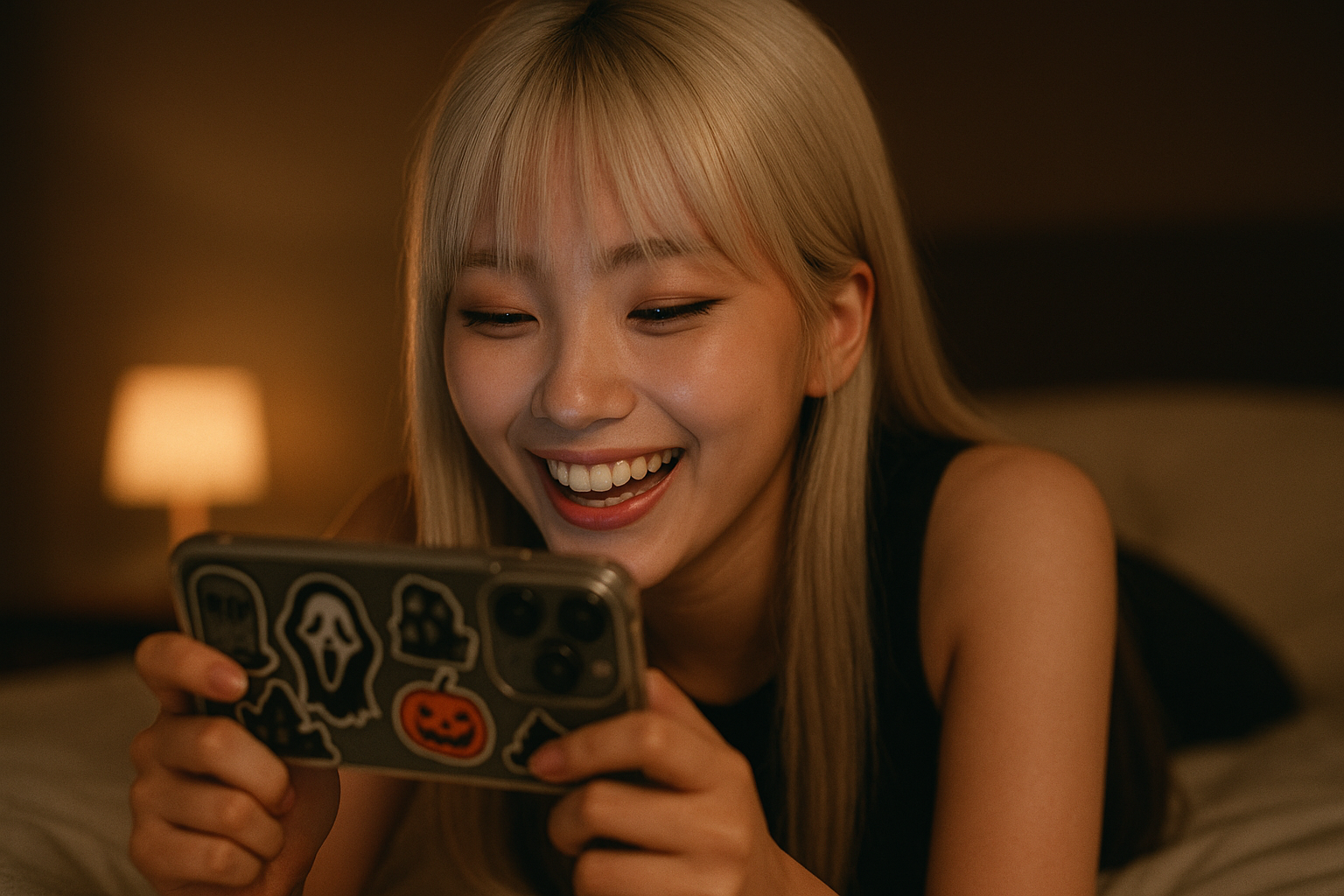 黒いノースリーブニットを着た白髪ロングのかわいい女性が、ホラー映画風ステッカーが貼られたスマホを見て笑っている様子