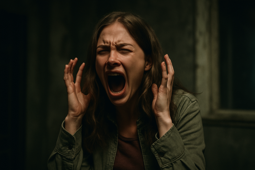 恐怖でヒステリックに叫び声をあげる若い女性、混乱する状況の中でひときわ目立つ存在