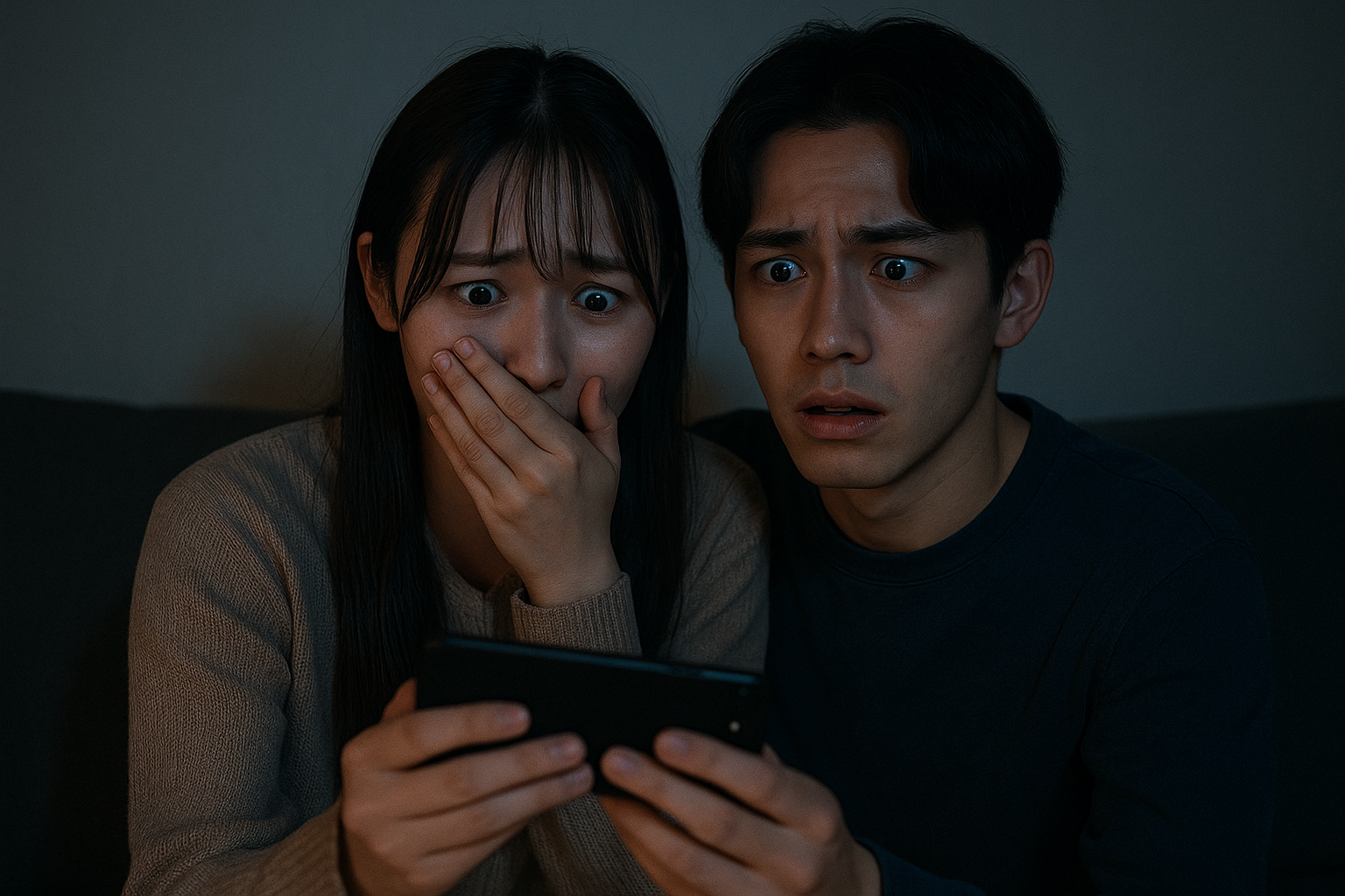 薄暗い部屋で日本人大学生カップルがスマホでホラー映画を見て怖がっている様子。