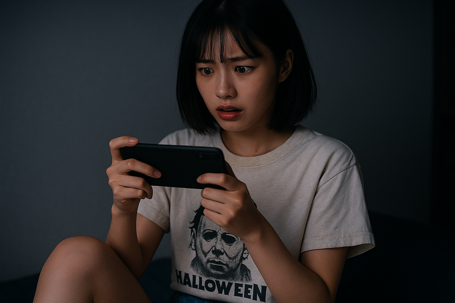 ホラー映画のアイコンがデザインされた古着風Tシャツを着て、スマホを見ながら怖そうな表情をしている20歳の日本人女性