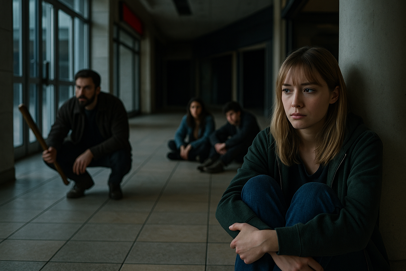 人気のないショッピングモール内で身をひそめ、不安げに周囲をうかがう若者たち