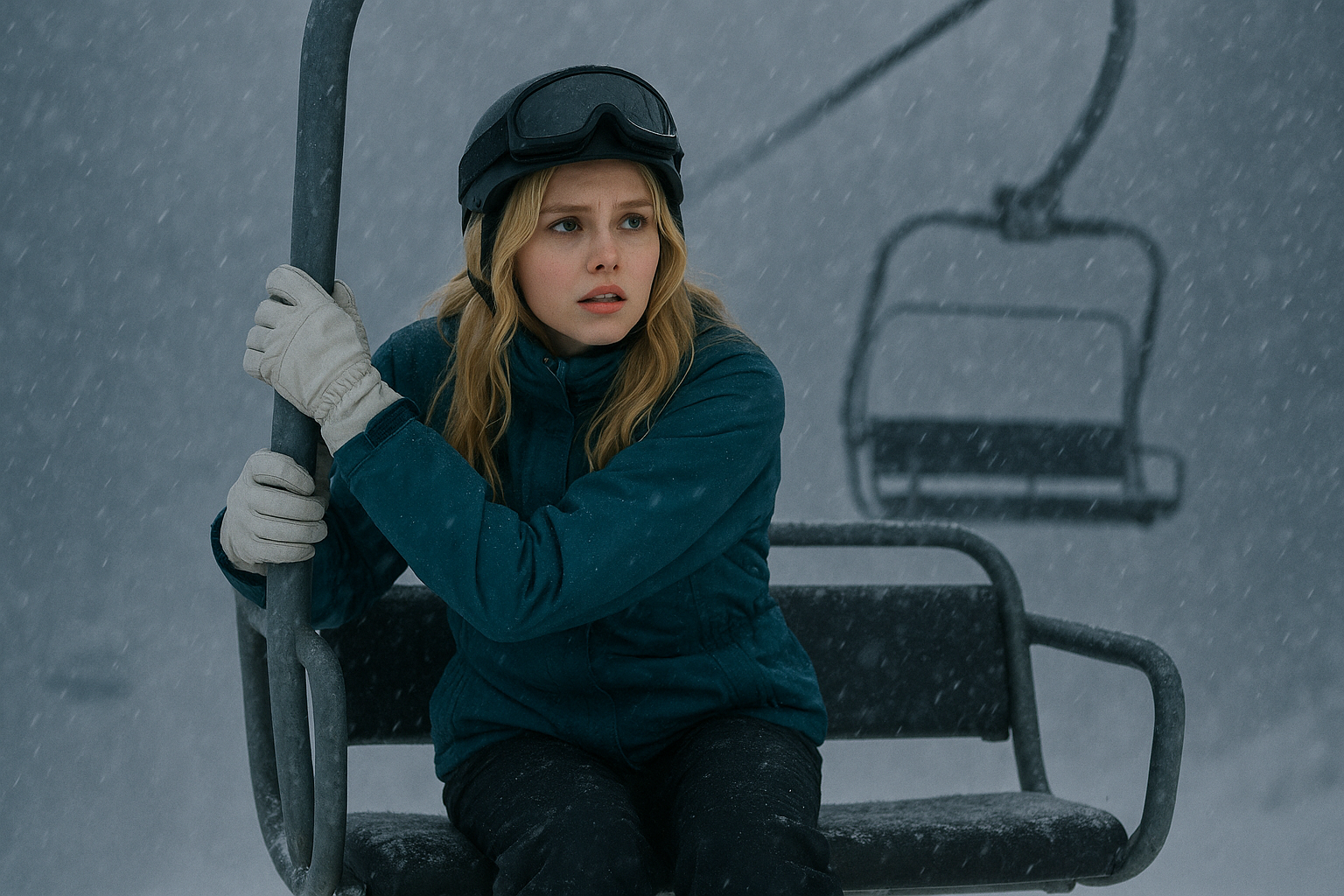 吹雪の中、スキーリフトにしがみつく金髪の美しい女性