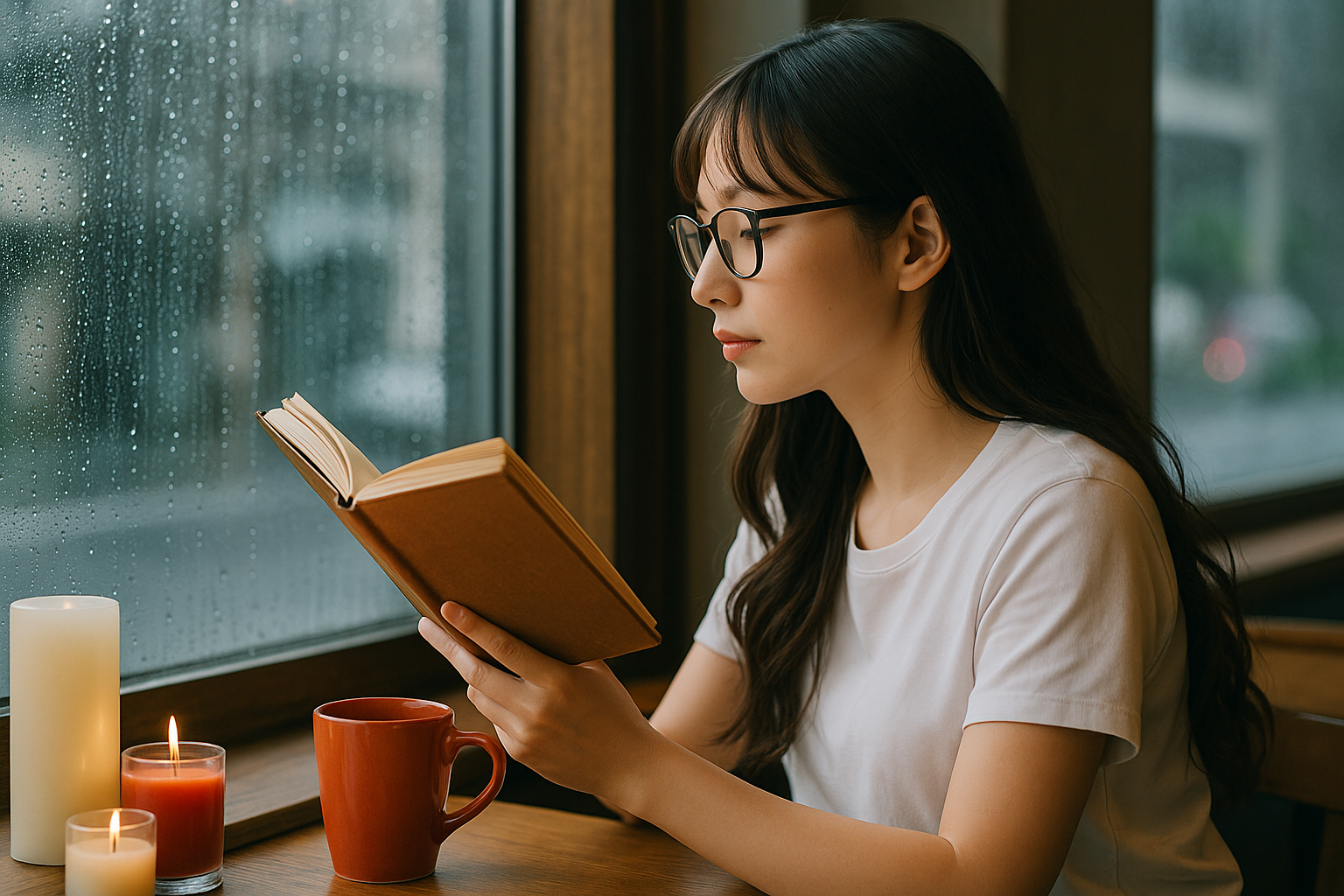 雨の日のカフェで横顔を見せながら本を読む女性