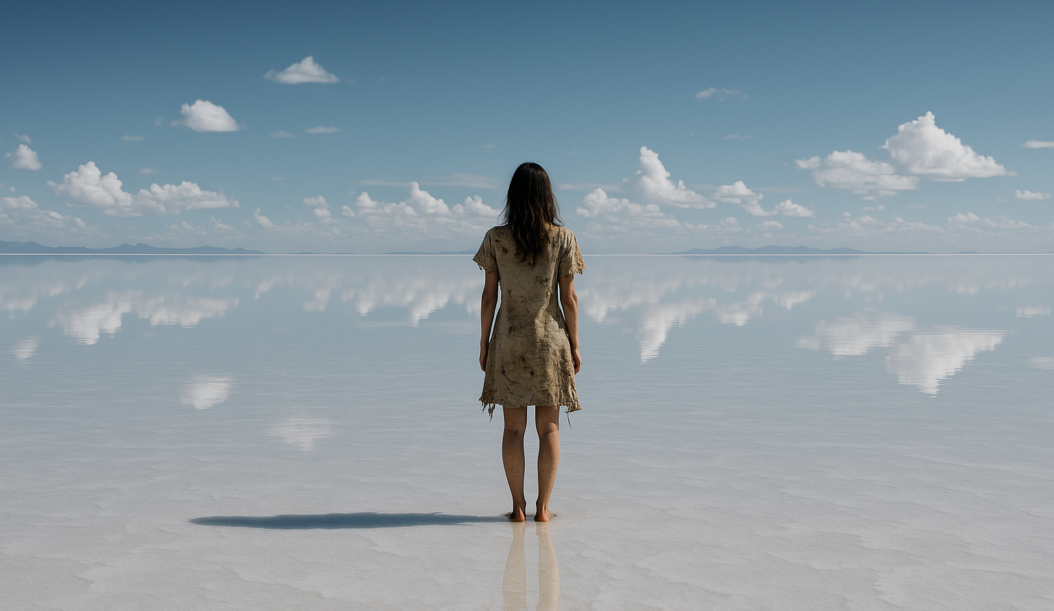 ウユニ塩湖のど真ん中に、ボロボロの服を着た若い女性がひとり立っている後ろ姿の写真。鏡のような湖面に空が映り込み、幻想的で孤独な雰囲気が漂う。