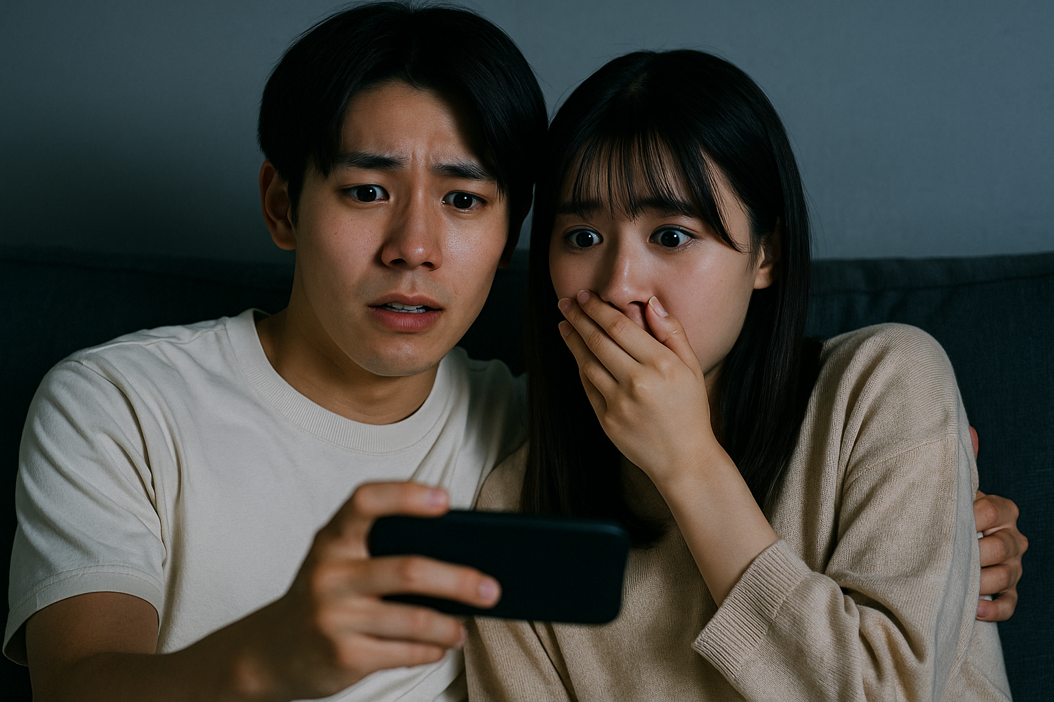 ホラー映画をスマホで一緒に観て驚く令和風の日本人カップル