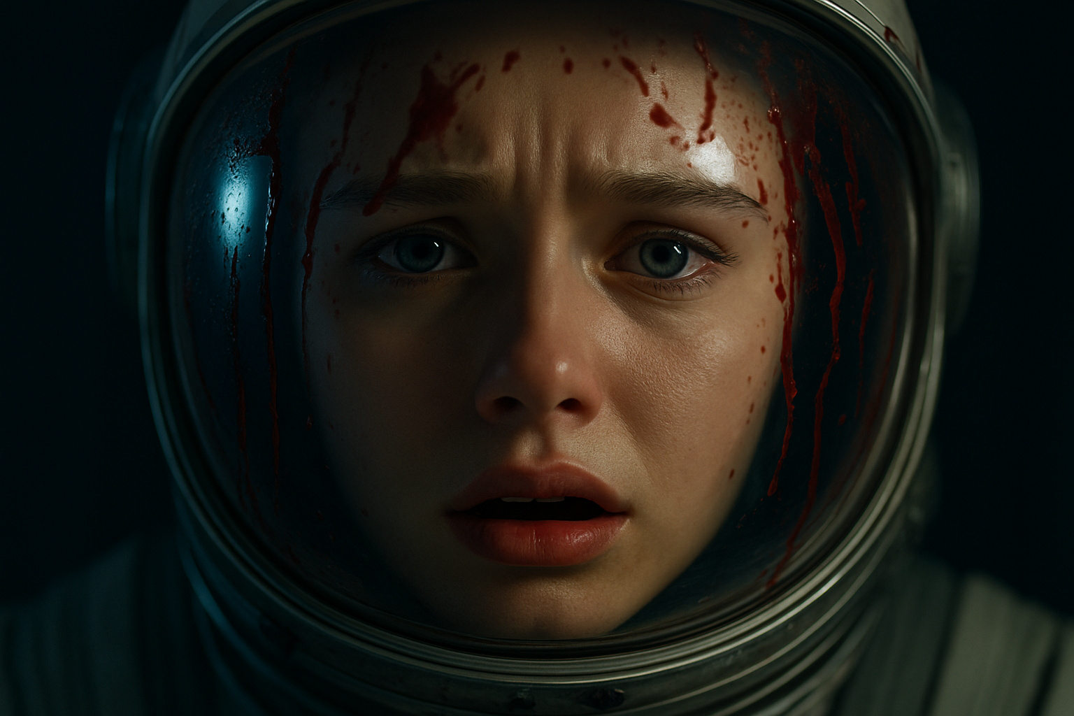 宇宙船内で未知の恐怖に直面する金髪の女性宇宙飛行士を、映画ポスターのようなシンプルかつおしゃれな構図で描いたSFホラー風の一枚
