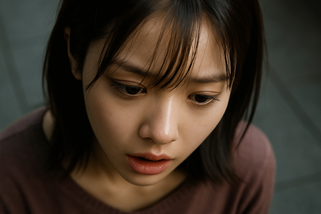 呆然とした表情で下を向く20歳の日本人女性の実写風クローズアップ写真