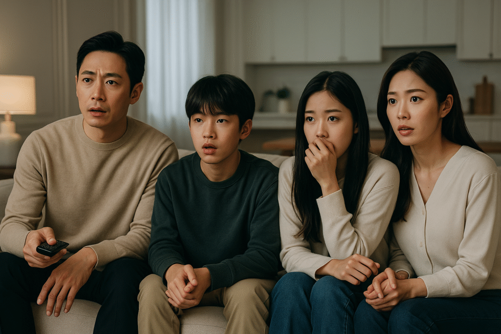 ホラー映画をテレビで観ている家族