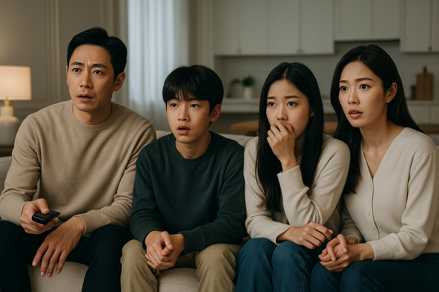 ホラー映画をテレビで観ている家族