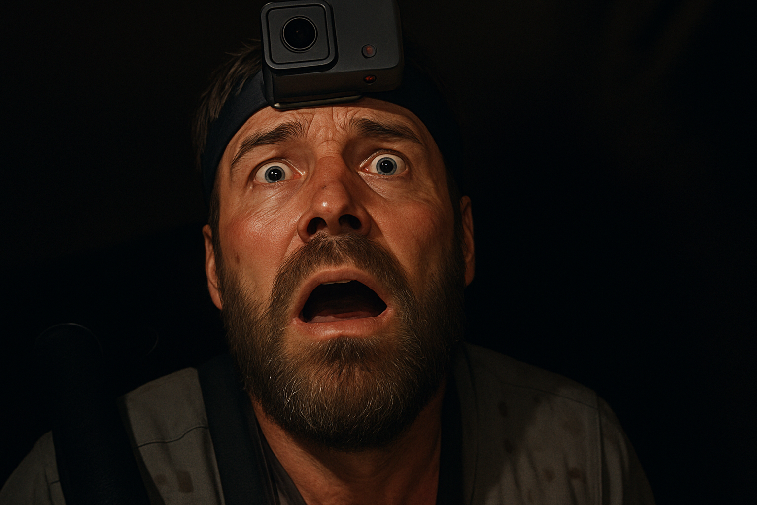 GoProカメラを頭に装着した男が恐怖に怯える姿をリアルなタッチで描いたホラー風イラスト