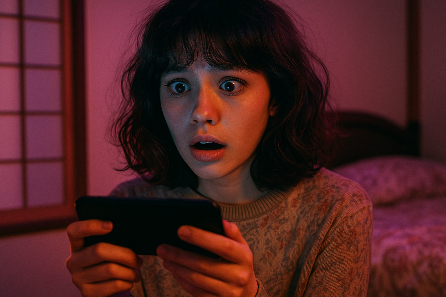 ホラー映画をスマホで観ておびえる、令和風でおしゃれな雰囲気の23歳女性