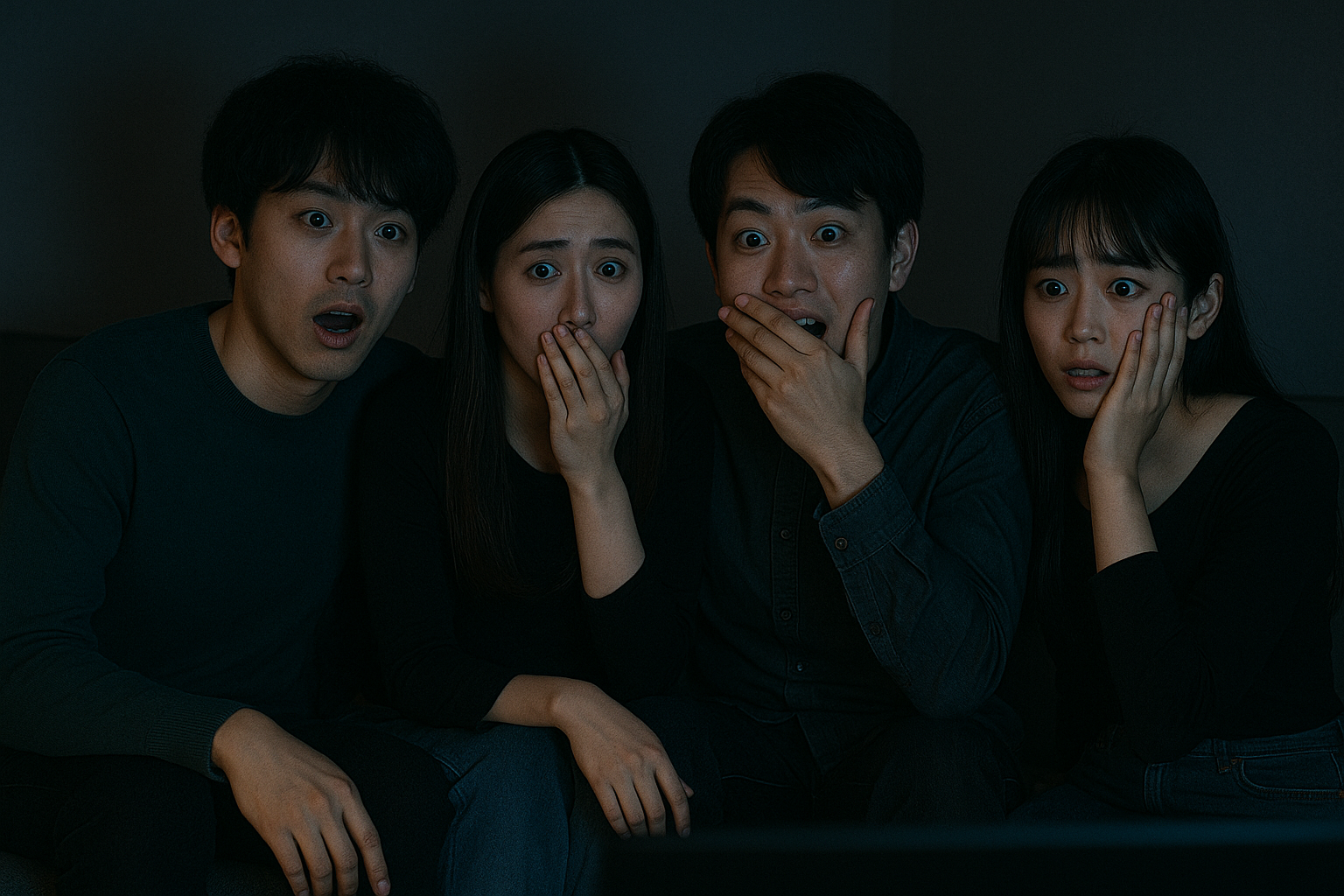 薄暗い部屋でホラー映画を観て驚く20歳の日本人男女4人組