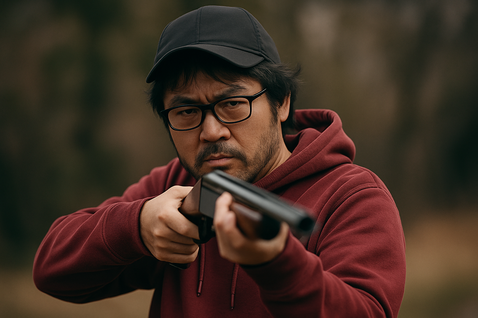 赤いパーカーを着た日本人の中年男性がショットガンを構えてこちらを睨んでいる屋外の写真