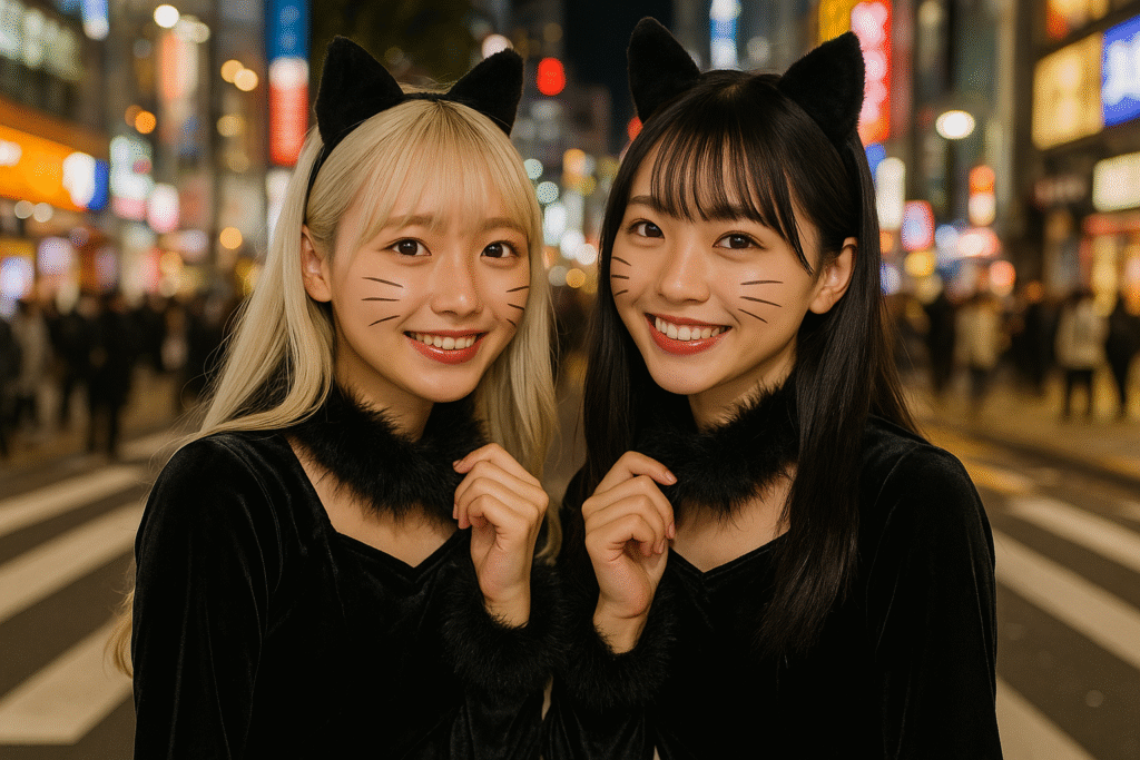 黒猫のコスプレをして渋谷のハロウィンを楽しむ19歳の女の子二人組（白髪ロングと黒髪ロング）